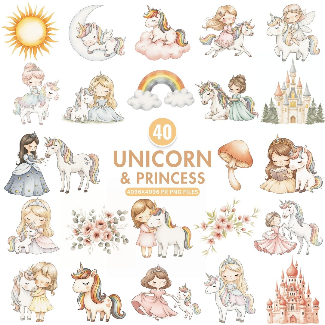 Unicorn and Princess Clipart, Little Princess Clipart, Cute Pastel ...