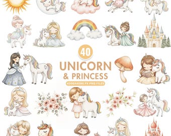 Imágenes prediseñadas de unicornio y princesa, imágenes prediseñadas de princesita, imágenes prediseñadas de unicornio pastel lindo PNG, gráficos de cumpleaños de niña, castillo de cuento de hadas PNG