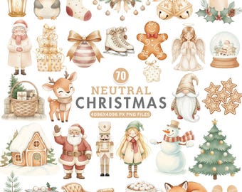 Clipart natalizie neutre, PNG natalizio boho, Clipart natalizie ad acquerello, Arte invernale rustica e accogliente, PNG albero di Natale, Uso commerciale