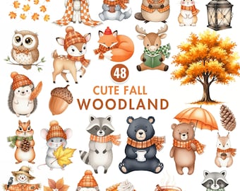 Fall Woodland Clipart, Autumn Animals Clipart, Fox - Bear - Rabbit - Hedgehog- Owl Clipart, Watercolor Fall Forest Creatures, Commercial Use