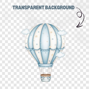 Blue air balloon clipart with vintage boho style, suitable for baby announcement cards, nursery room prints, and digital journaling kits