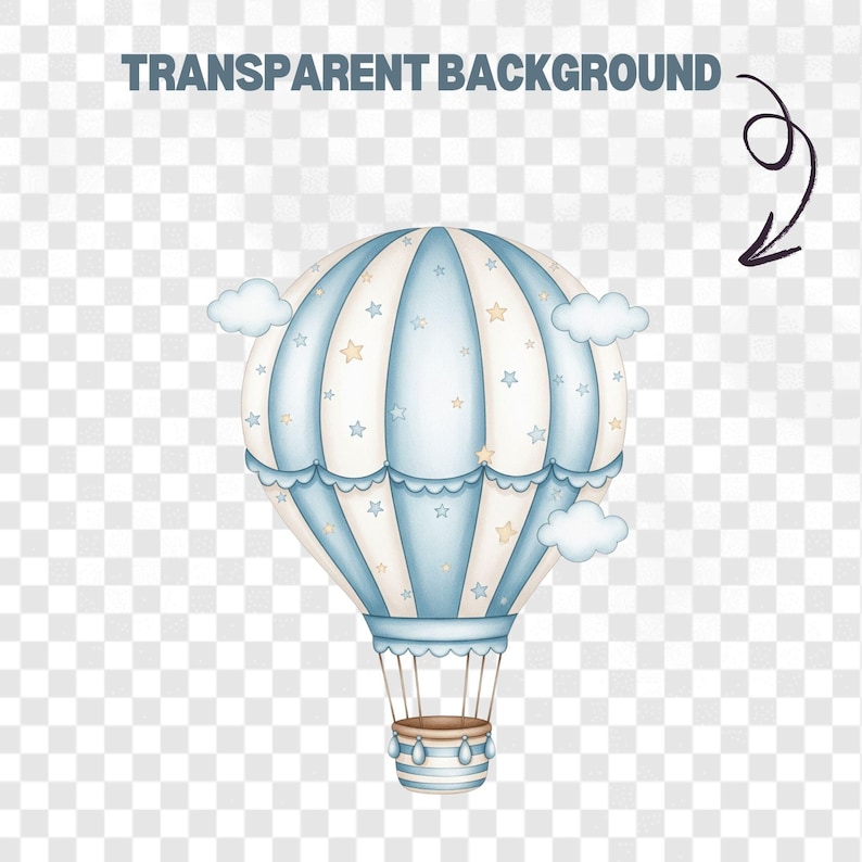 Blue air balloon clipart with vintage boho style, suitable for baby announcement cards, nursery room prints, and digital journaling kits
