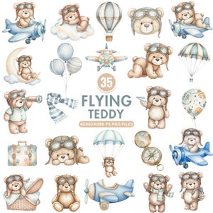 Aviator Teddy Bear Clipart, Flying Teddy Bear Clipart, Watercolor Airplane PNG, Baby Shower Clipart, Blue Pilot Bear, Commercial Use Clipart