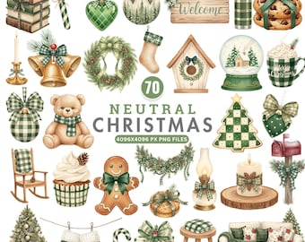 Neutral Christmas Clipart, Watercolor Christmas PNG, Boho Rustic Holiday Art, Cozy Winter Clipart, Beige Cottagecore Christmas PNG Bundle