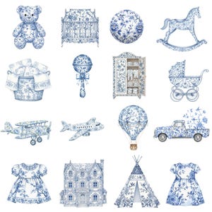 Hand-painted blue toile de Jouy baby clipart with French floral style, baby boy train, balloons, and classic vintage nursery illustrations