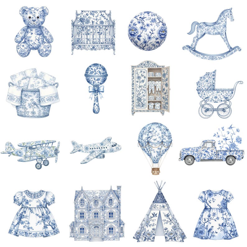 Hand-painted blue toile de Jouy baby clipart with French floral style, baby boy train, balloons, and classic vintage nursery illustrations