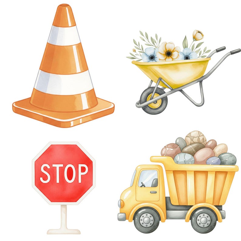 Cute watercolor construction vehicle PNGs featuring smiling trucks and kid-friendly machinery for boy birthday printables and decor