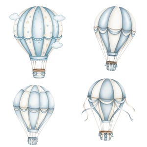 Blue pastel balloon flying in the clouds, hand-painted watercolor clipart for baby shower designs, travel themes, and nursery art prints