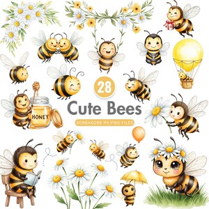 Cute watercolor bee clipart with baby bees and honeycomb elements for spring nursery wall art and crafts