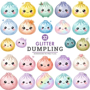 Può includere: Una collezione di 32 illustrazioni digitali di ravioli glitterati con volti sorridenti, grandi occhi neri e guance rosate. I ravioli presentano vari colori pastello, brillantini e piccoli accenti decorativi come fiori e stelle. Il testo recita 32 GLITTER DUMPLING 4096X4096 PX PNG FILES.