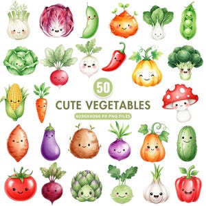 Può includere: Illustrazione ad acquerello di 50 simpatiche verdure, tra cui un cavolo rosso, una carota, un pomodoro e un fungo. Le verdure hanno facce sorridenti. Il testo "50 CUTE VEGETABLES" è al centro dell'immagine.