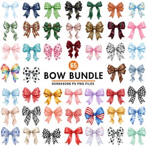 May include: A collection of 65 watercolor bows in various colors and patterns, including gingham, leopard print, and floral designs. The bows are arranged in rows and columns, with a central text that reads "BOW BUNDLE".