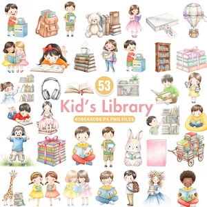 Clipart bibliothèque pour enfants, mignon retour à l&#39;école Clipart, clipart école enfants, clipart amateur de livres, clipart école, livre mignon PNG, téléchargement immédiat