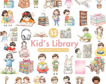 Kids Library Clipart, Cute Back to School Clipart, School Kids Clipart, Book Lover Clipart, School Clipart, Cute Book PNG, Instant Download