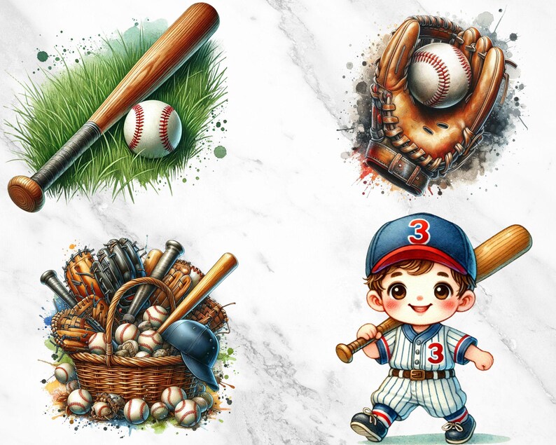 Watercolor Baseball Clipart, Sports Clipart, Softball Glove Ball Bat ...