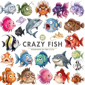 Könnte beinhalten: Eine Sammlung von 37 Cartoon-Fisch-Illustrationen mit verschiedenen Arten mit unterschiedlichen Ausdrücken und Farben, darunter Haie, Kugelfische und tropische Fische. Der Text 37 CRAZY FISH 4096X4096 PX PNG FILES ist in der Mitte zentriert.