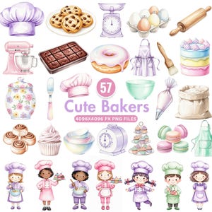 Cute Bakery Clipart, Pastel Baking PNG, Watercolor Kitchen Clipart, Baker Girl Clipart, Mixer, Cupcake Png, Baking Utensils, Commercial Use