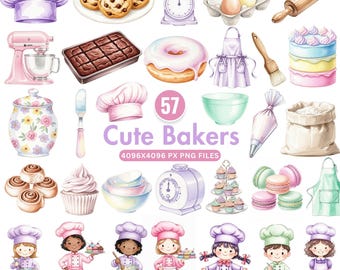 Cute Baking Clipart, Little Bakers Png, Watercolor Kitchen Clipart, Baker Girl Clipart, Mixer, Cupcake Png, Baking Utensils, Commercial Use
