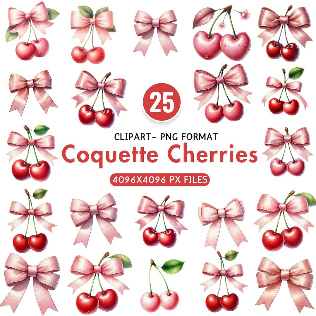 Coquette Cherry Bow Clipart Pink Cherries PNG Watercolor Coquette ...