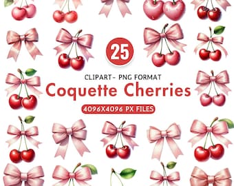 Coquette Cherry Bow Clipart Pink Cherries PNG Watercolor Coquette Clipart Girly Valentine Bow Clipart Aesthetic Pink Bow PNG Cute Bow Png