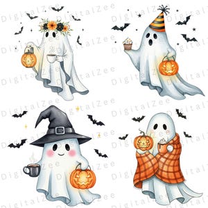Whimsical watercolor Halloween ghost clipart with pumpkin accents, designed for printable art, DIY cards, and digital design projects.