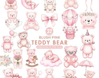 Teddy Bear Clipart, Blush Pink  Teddy Bear Png, Watercolor Teddy PNG, Baby Shower Girl Invite, Nursery Wall Art, Commercial Use Cliparts