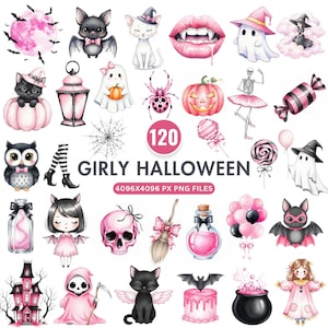 Pink Halloween Clipart, Girly Halloween PNG, Cute Pastel Halloween Clipart, Kawaii Halloween PNG, Cute Ghost Clipart, Pastel Pumpkin Clipart