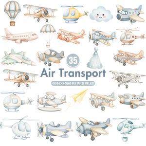 Aquarell Air Transport Clipart, niedlichen blauen Flugzeug PNG, Hubschrauber, Heißluftballon, Baby-Dusche Clipart, Kinderzimmer Dekor, Instant Download
