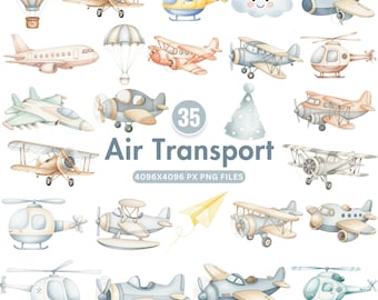 Aquarell Luft Transport Clipart, Heißluftballon, niedlichen Flugzeug PNG, Hubschrauber, Baby Dusche Clipart, Kinderzimmer Dekor, Instant Download