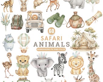 Cute Safari Animals Clipart, Watercolor Jungle Animals, Boho Nursery, Baby Shower Invite, Wild One Birthday, Lion Png, Elephant Giraffe PNG