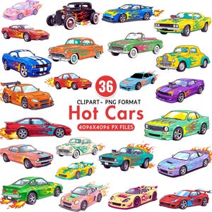 Heiße Autos PNG Bundle Spielzeugauto Clipart Sportwagen PNG Dinosaurier und Flammen Autos Rennwagen Clipart Cartoon Fahrzeug Clipart Grafiken für Kinder