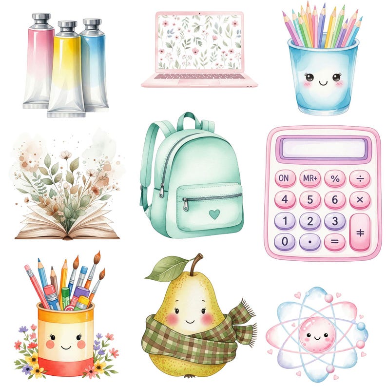 Pastel school-themed clipart set with cute, hand-drawn supplies for scrapbooking and design