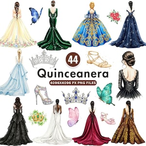 QUINCEANERA Clipart Watercolor Princess Dresses, Crowns, Flowers, Butterflies, Mis Quince Años PNG, DIY Invitation Elements, Quinceanera Set
