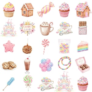 Whimsical candyland clipart bundle in pastel watercolor featuring desserts like cupcakes, macarons, and cotton candy