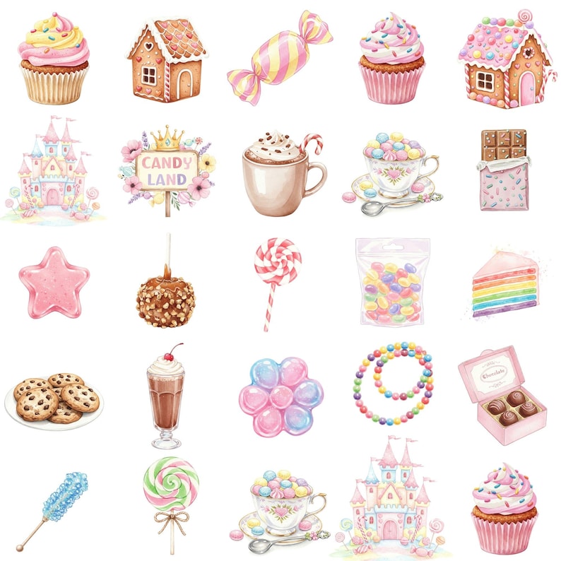Whimsical candyland clipart bundle in pastel watercolor featuring desserts like cupcakes, macarons, and cotton candy