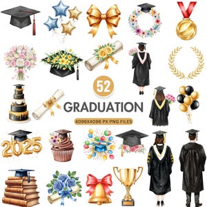 Aquarell Graduierung Clipart, graduierte Kappe PNG, weibliche graduierte, Kappe-Kleid-Diplom, Klasse von 2025 Clipart, graduierte PNG, digitaler Download