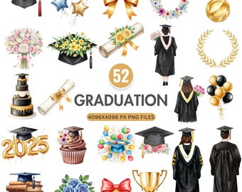 Graduation Clipart, Watercolor Graduate Cap PNG, Female Graduates, Cap Gown Diploma, Class of 2025 Clipart, Graduates PNG, Digital Download