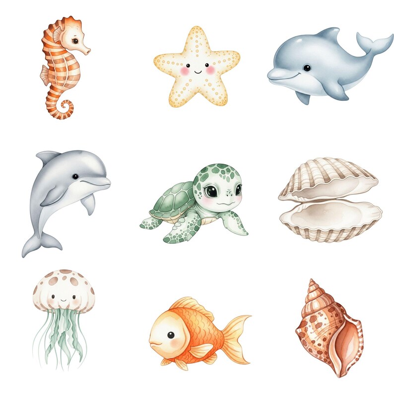 Baby shower ocean clipart with adorable marine animals for DIY party designs
