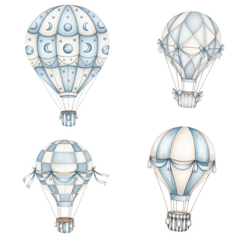 Vintage watercolor hot air balloon with baby blue color scheme, designed for baby journal decoration, nursery wall art, and printable invites