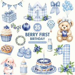 Beere ersten Geburtstag Clipart, Aquarell Blaubeere Png, süße Baby-Dusche-Dekor, Beere Ein Thema, blaue Kokette Bögen, kommerzielle Nutzung