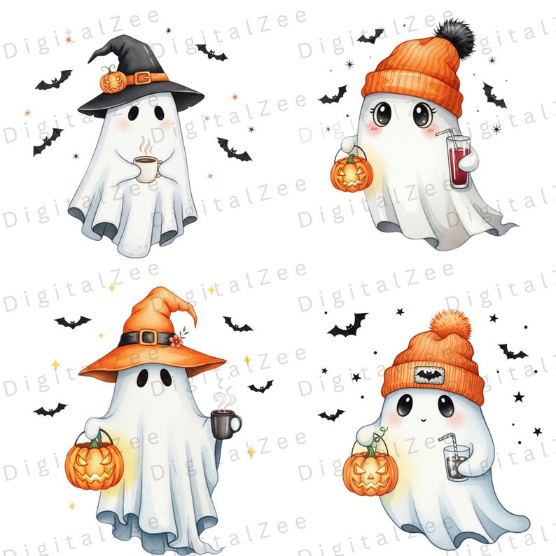 Soft pastel cute ghost illustrations in PNG format, perfect for fall crafting, Halloween decor, and commercial use sublimation bundles.