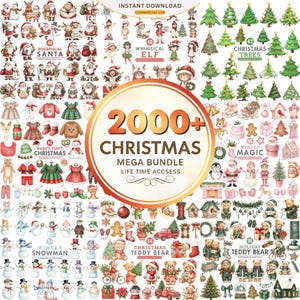 May include: A digital download graphic bundle with a Christmas theme. The image features various illustrations of Santa Claus, elves, Christmas trees, snowmen, teddy bears, and other holiday-related elements. The text reads "2000+ Christmas Mega Bundle."