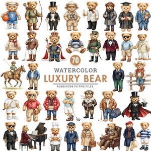 Puede incluir: Ilustración en acuarela de 28 osos de lujo con varios atuendos, incluyendo un uniforme de baloncesto, ropa de safari, un esmoquin y una toga de graduación. La imagen incluye el texto "WATERCOLOR LUXURY BEAR" y "4096x4096 PX PNG FILES".