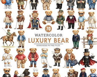 Watercolor Teddy Bear Clipart, Polo Bear PNG Bundle, Luxury Fashion Bear Art, Classic Nursery Bears, Baby Shower Clipart, Sublimation Design