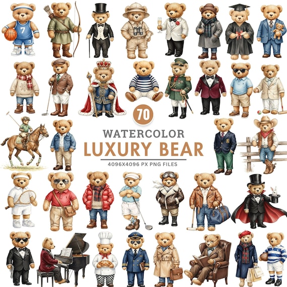 Watercolor Teddy Bear Clipart, Polo Bear PNG Bundle, Luxury Fashion Bear Art, Classic Nursery Bears, Baby Shower Clipart, Sublimation Design