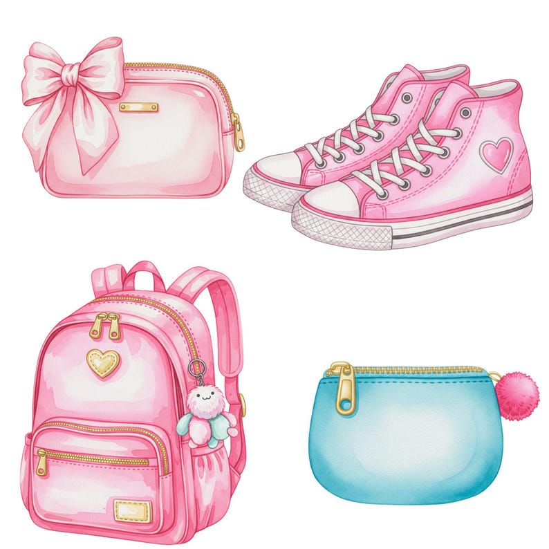 Pastel aesthetic back to school PNGs with cute teacher essentials and doodles