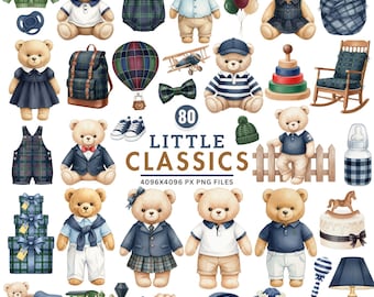 Puede incluir: Una colección de 80 ilustraciones en acuarela con osos de peluche con varios atuendos y accesorios. Los osos se representan con elementos como una mochila, un avión, globos y una mecedora. También se incluye el texto "LITTLE CLASSICS".
