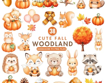 Cute Fall Woodland Clipart, Autumn Forest Animals PNG, Watercolor Bear Fox Rabbit, Pumpkin Baby Shower, Nursery Clipart, Fall Sublimation