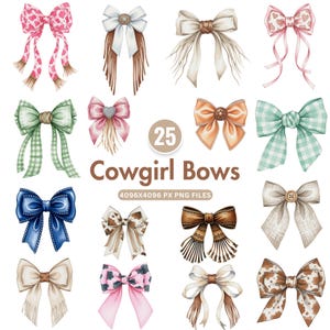 Watercolor Cowgirl Bow Clipart: Coquette Western PNG Bundle (25 Bows, Instant Download)