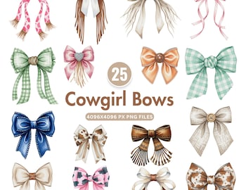 Watercolor Cowgirl Bow Clipart: Coquette Western PNG Bundle (25 Bows, Instant Download)